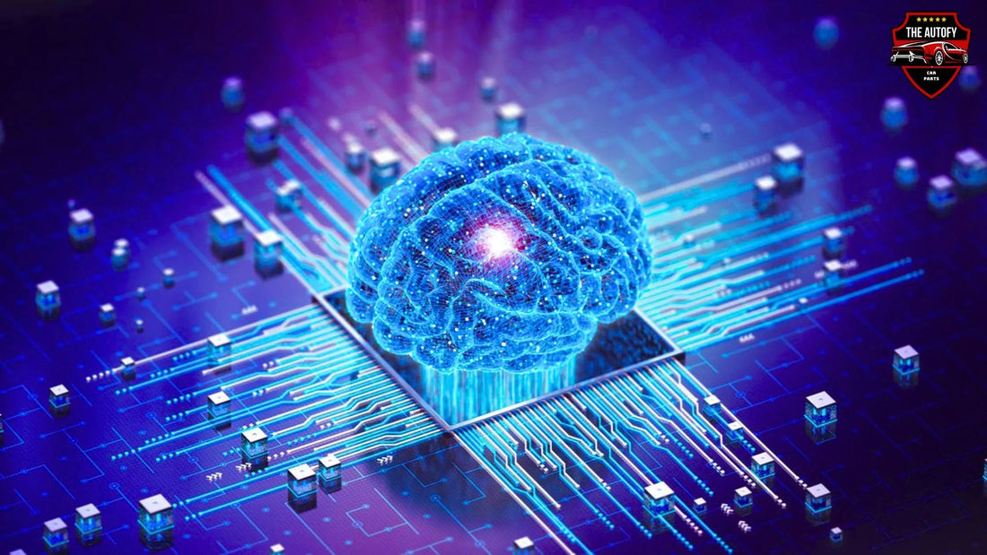 Digital brain on a computer chip, representing AI technology for premium car parts at THEAUTOFY.COM