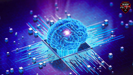 Digital brain on a computer chip, representing AI technology for premium car parts at THEAUTOFY.COM