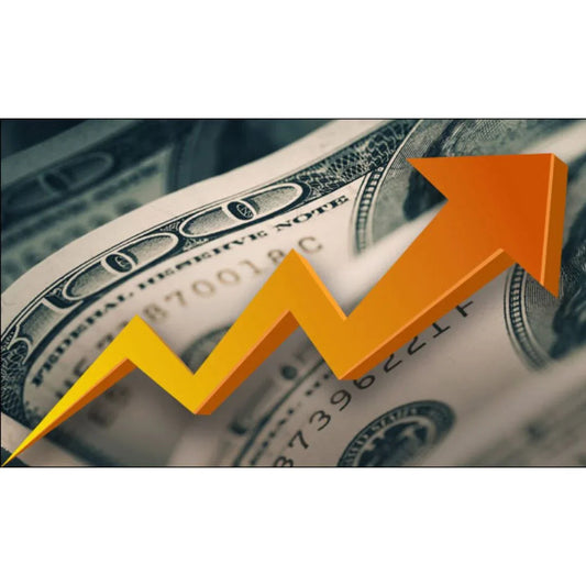 Rising orange arrow over US dollar bills symbolizing increasing rates or currency value