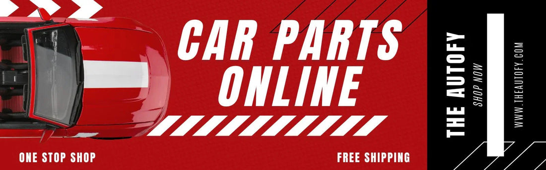 Red car with white stripe and text promoting premium car parts online at TheAutofy.com