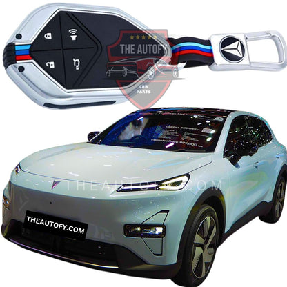 Deepal S05 metal key cover with matte black finish and metallic trim, shown with the Deepal S05 SUV
